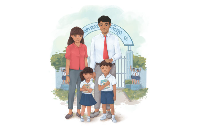 Parents and child at school